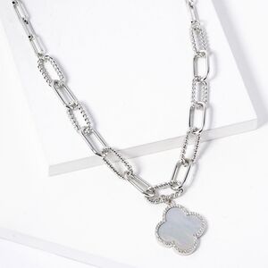 White Gold Dipped Quatrefoil Clover Chain Necklace PaperClip Link Pendant